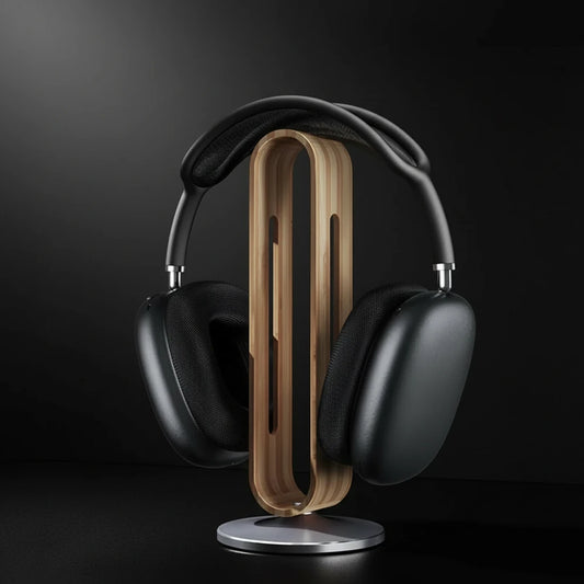 AeroWood Luxe Headphone Hanger on black background with AirPods Max on it