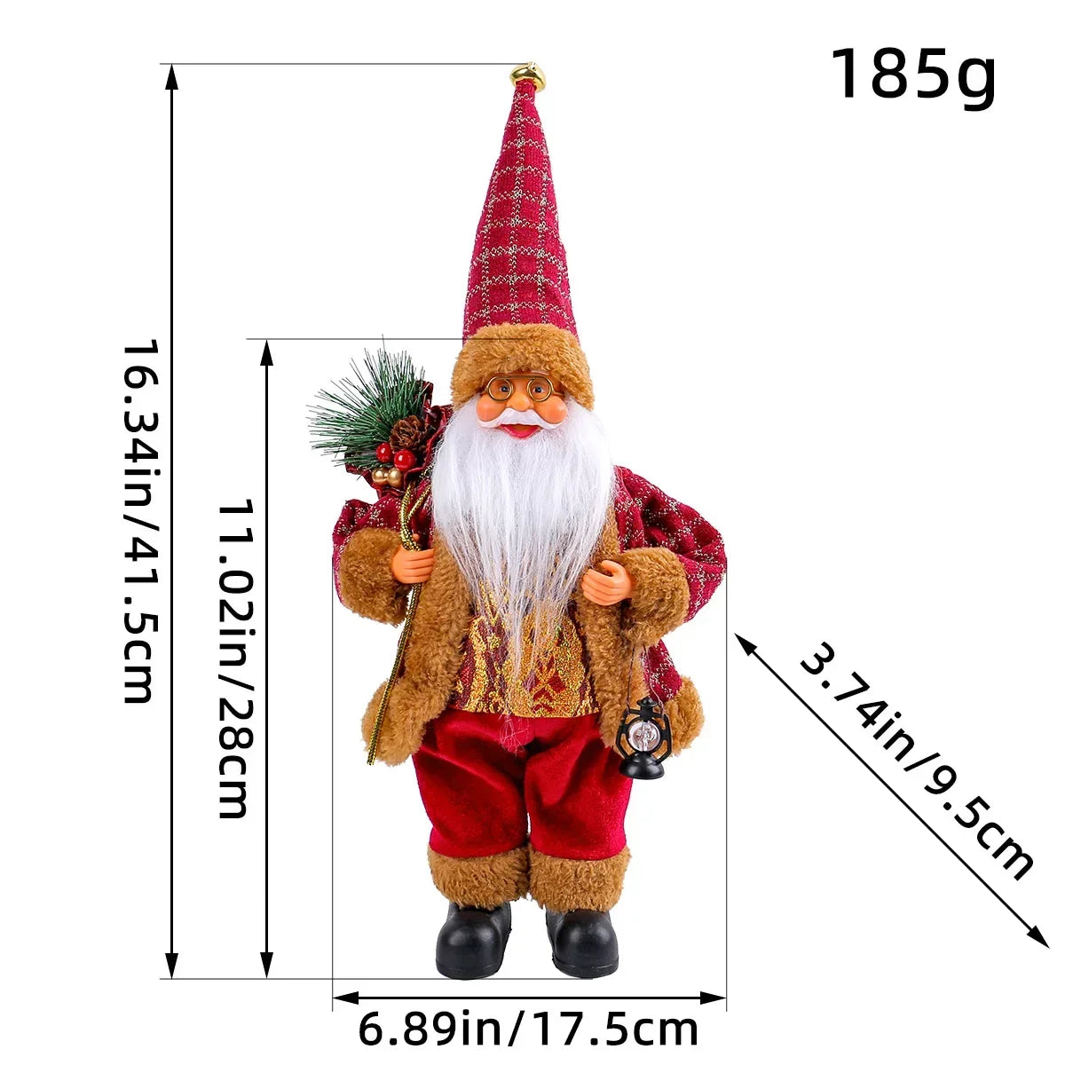 Christmas gnome figurine with measurements and weight on a white background