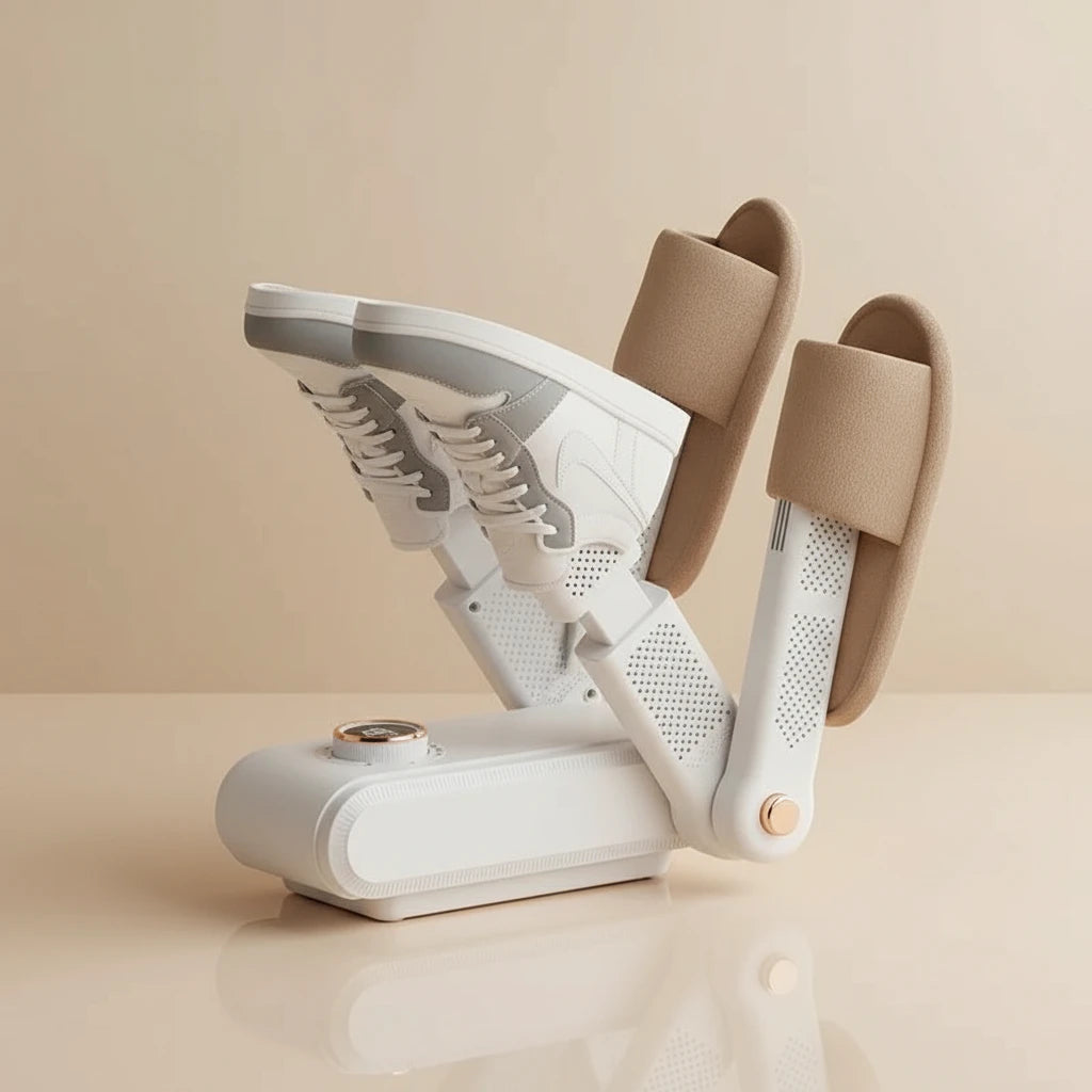 Multifunctional shoe dryer with shoe on a wooden floor, featuring UV sterilization and digital display.