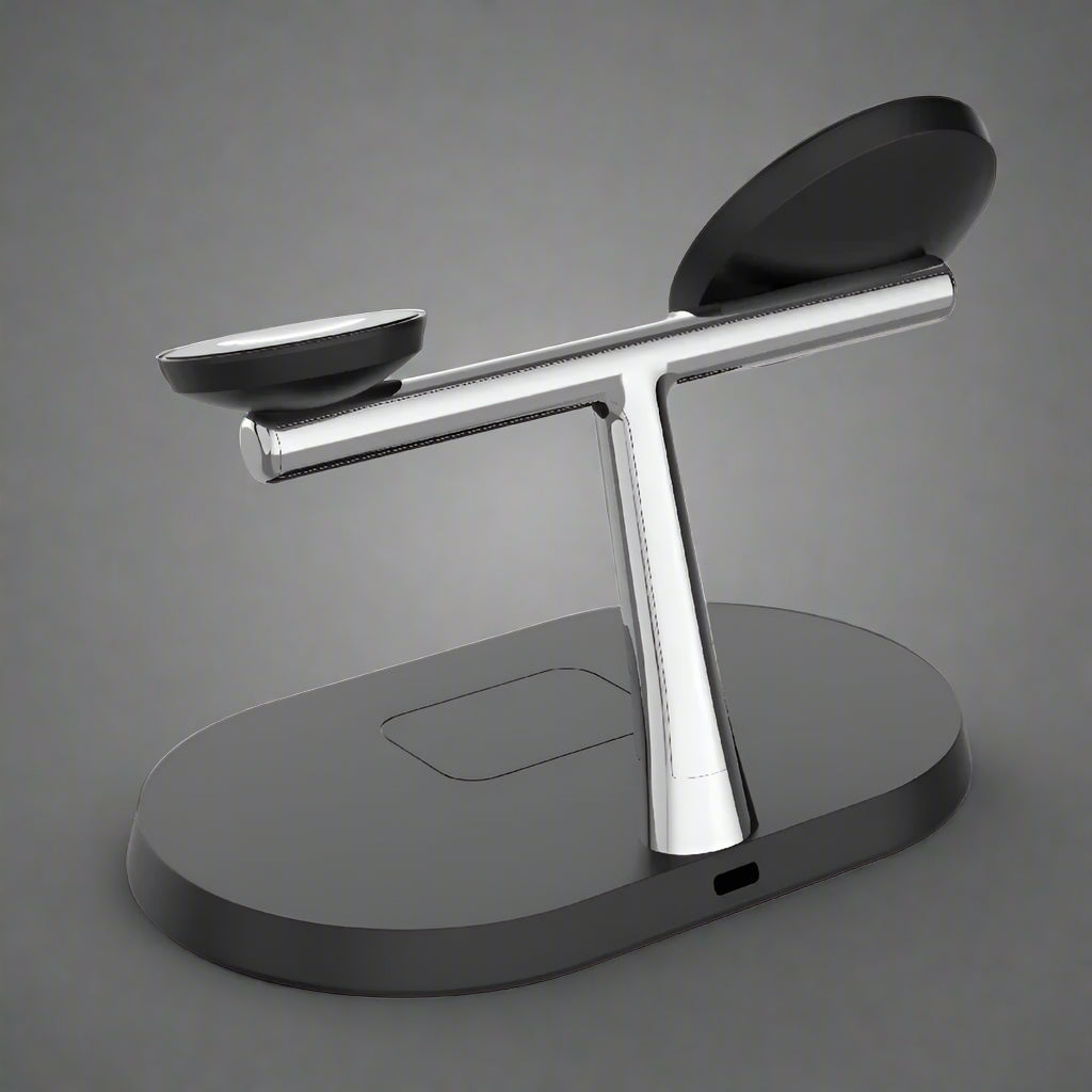 Black Apple charging station with organized charging slots for iPhone, AirPods, and Apple Watch