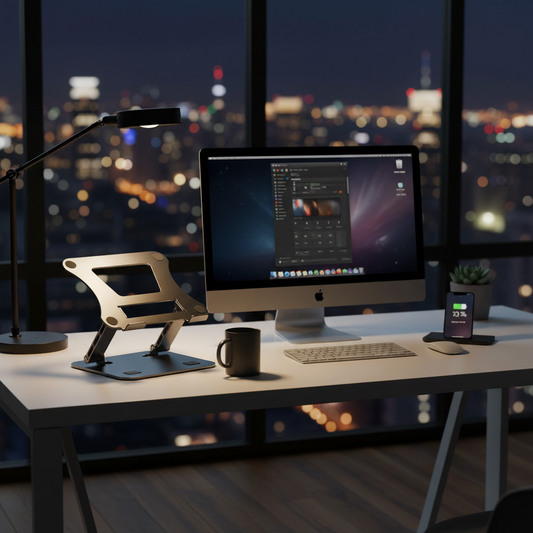 laptop stand from Utopia Corner standing on the working white desk near iMac and apple accessories at night