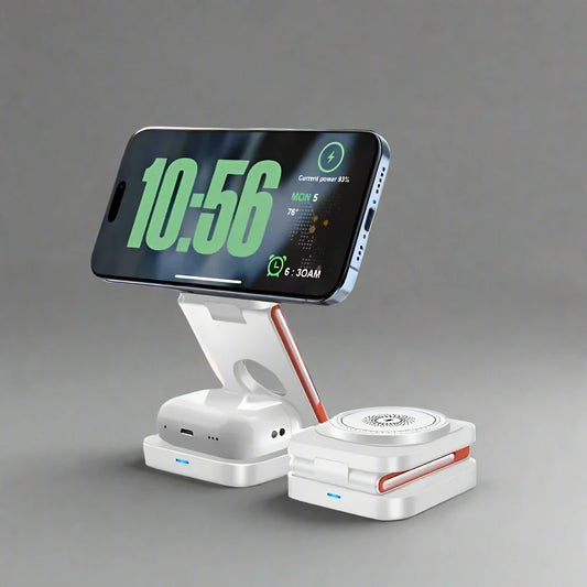Angled view of the folding charging station showing its compact design and multiple charging ports from Utopia Corner