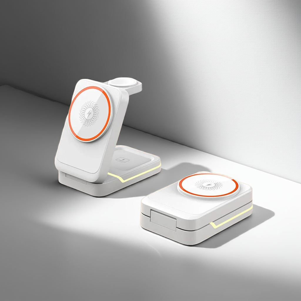 White folding charging station with LED indicator lights showcasing modern design from Utopia Corner