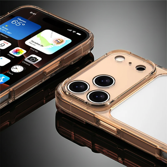 Smartphone with a clear case on a reflective surface