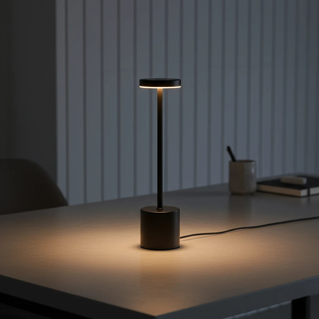 Black desk lamp standing on the living room table