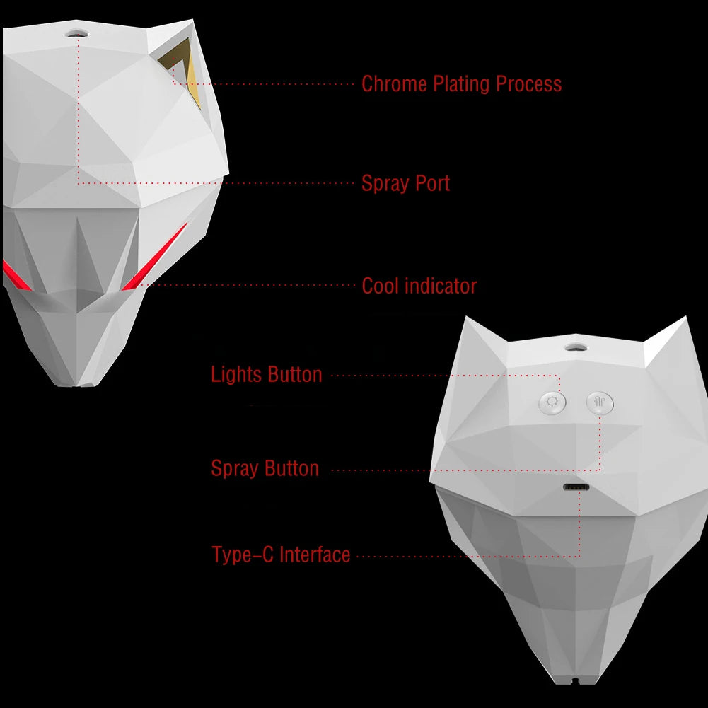 Wolf Air Humidifier close-up of colorful LED eyes with mist release for better indoor air quality