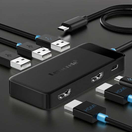 Black USB hub with multiple ports on a dark surface