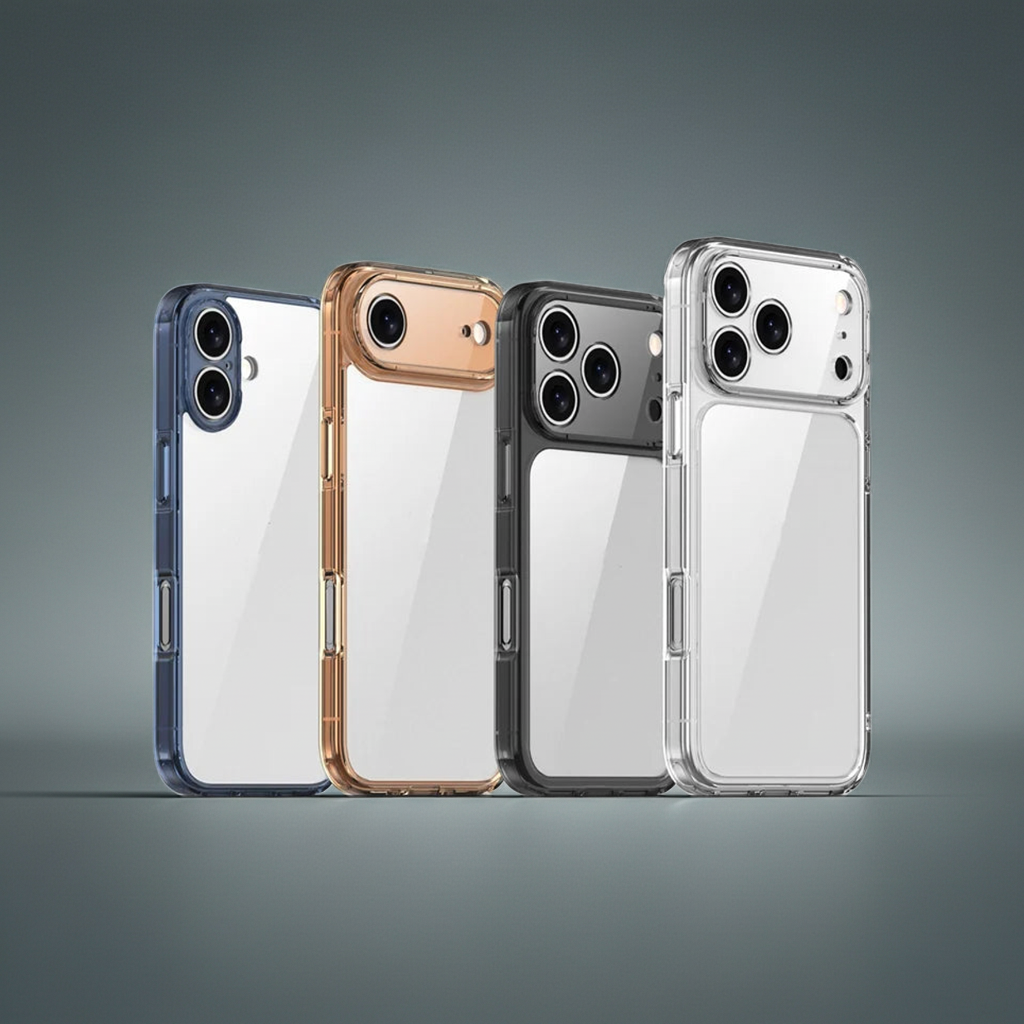 Four phone cases in different colors on a gray background
