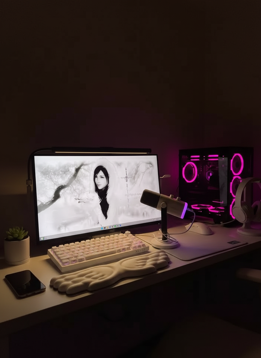 Computer setup with dual monitors, keyboard, and microphone on a dark background