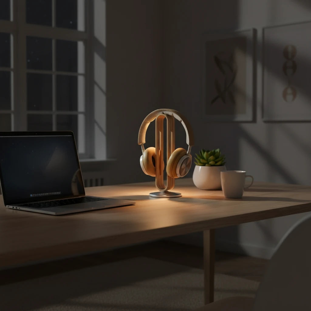 AeroWood Luxe Headphone Hanger standing on the working desk near laptop with headphones on it 