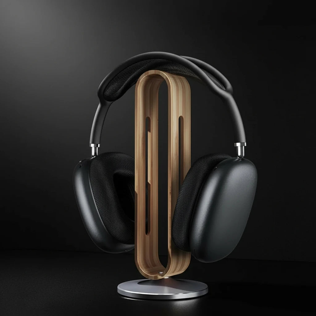 AeroWood Luxe Headphone Hanger on black background with AirPods Max on it