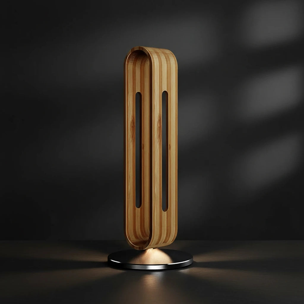 AeroWood Luxe Headphone Hanger product presentation on black background with ambient lights dark wood