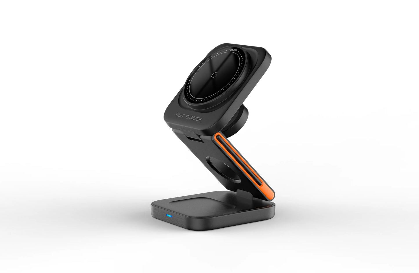 Compact, foldable wireless charging station with magnetic design for easy portability and efficient charging.