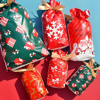 Christmas-themed gift bags with festive designs on a red and blue background