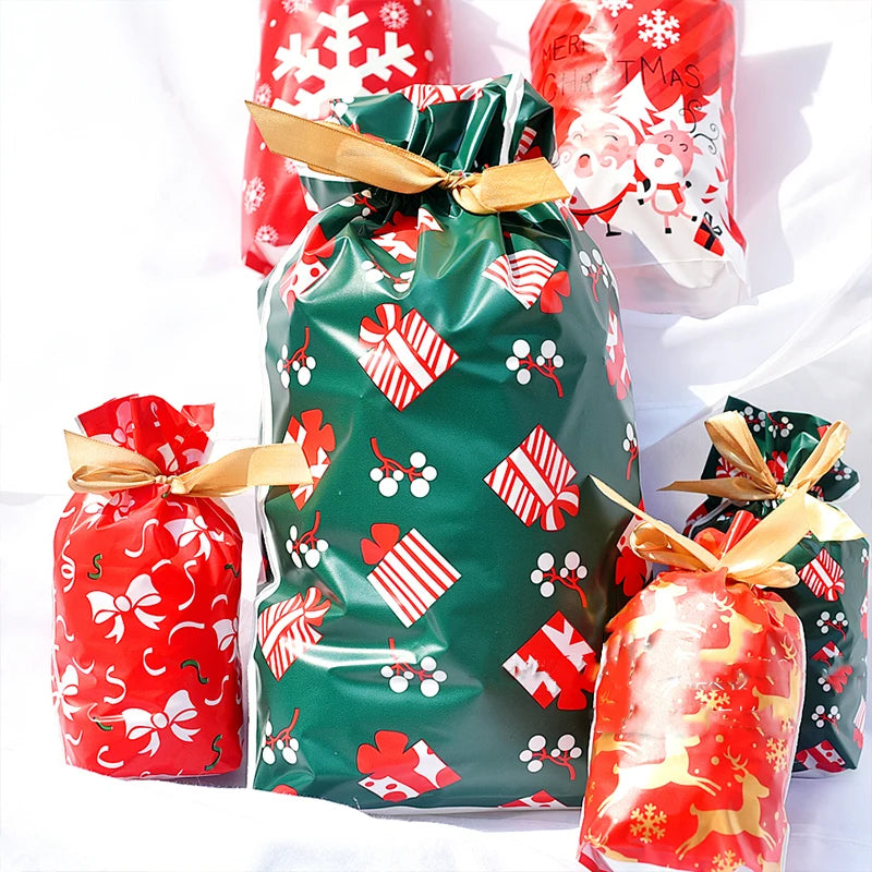 Decorative gift bags with festive patterns on a white background