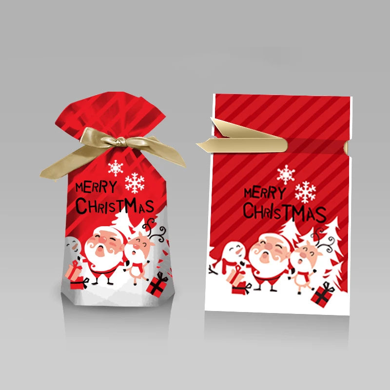 Red Christmas-themed gift bag with Santa Claus design on a gray background