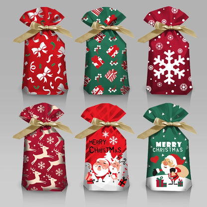 Set of Christmas-themed gift bags with festive designs on a gray background