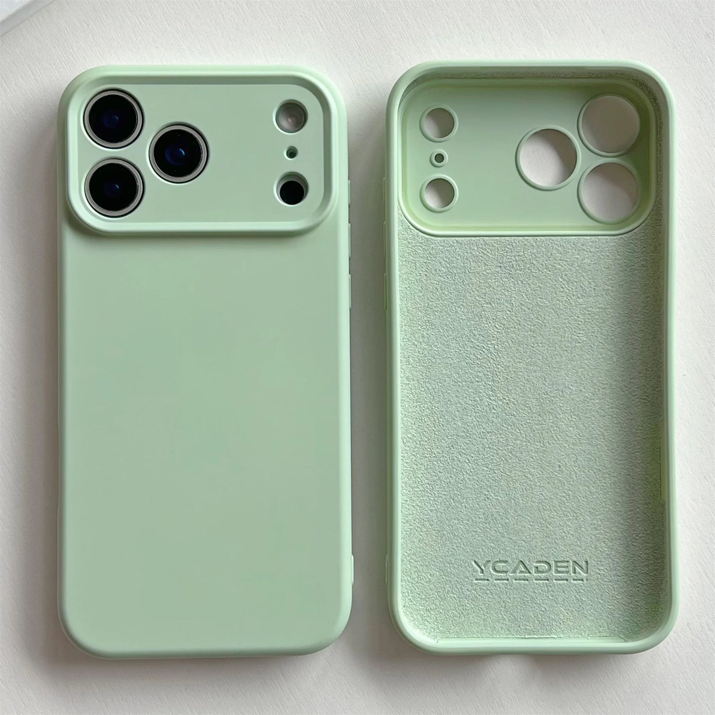 Green phone case with YCaden branding on a white background