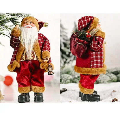 Two views of a decorative Santa Claus figure with a plaid jacket and red pants, holding a lantern and a bag.