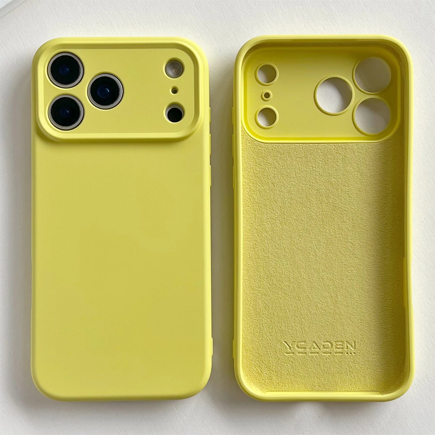 Yellow phone case with back and side views on a white background