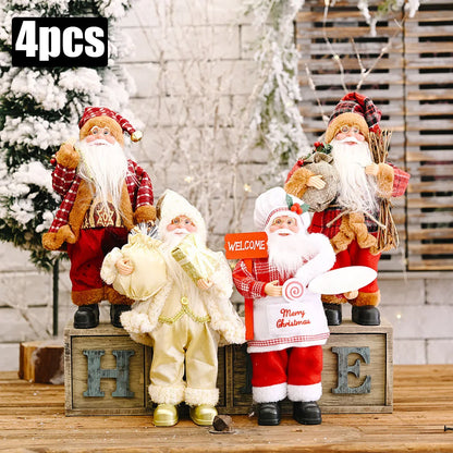 Four Christmas-themed figurines on wooden blocks with decorative background