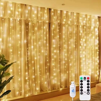 String lights with remote control on a curtain backdrop