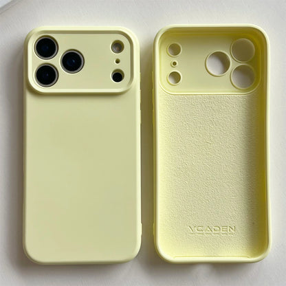 Yellow phone case with textured back and brand name on a light gray background