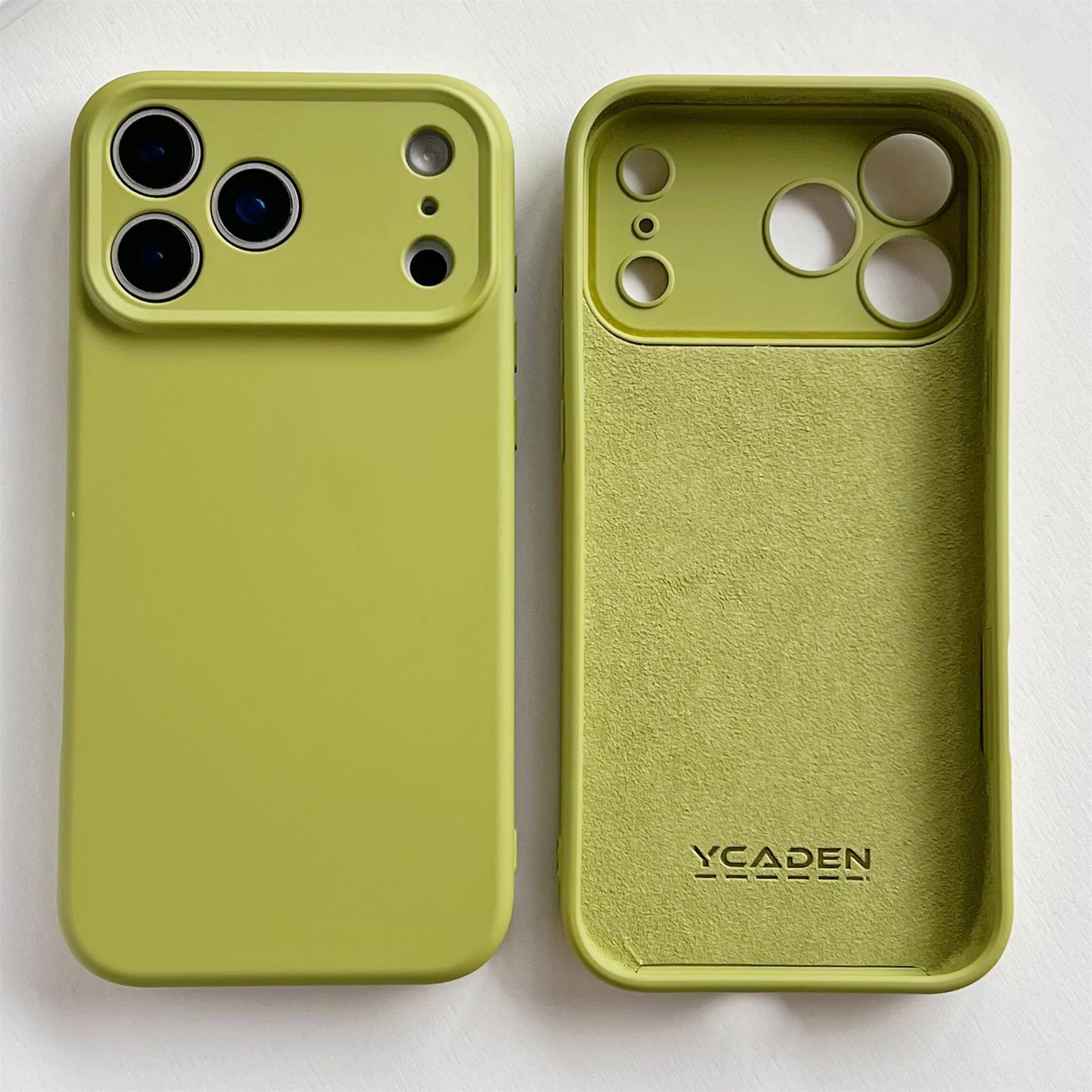 Green phone case with YCaden branding on a white background