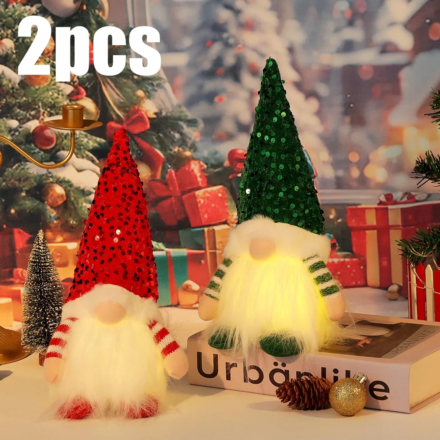 Two LED gnome figurines with festive decorations on a Christmas-themed background.