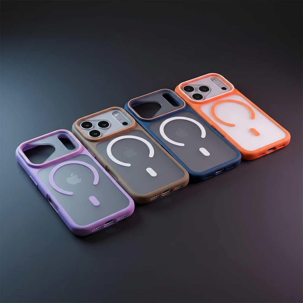 Set of phone cases in various colors on a wooden surface