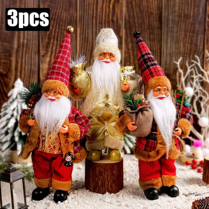 Three festive gnome figurines with red hats and white beards on a wooden background.