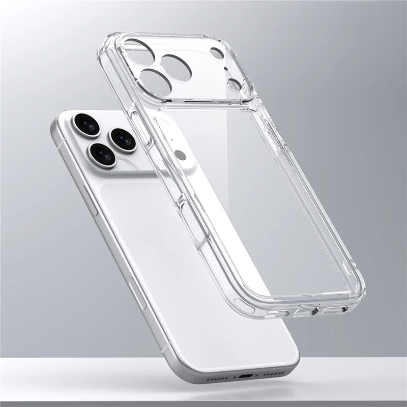 Clear phone case on a smartphone with a gray background