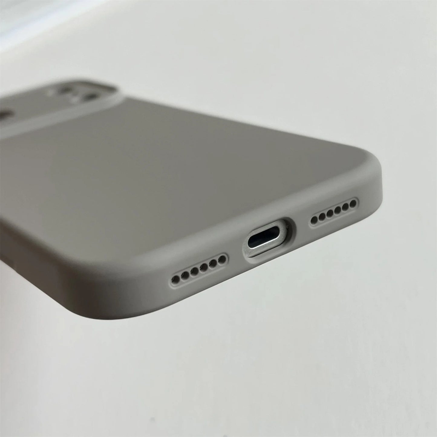 Close-up of a gray phone case on a light gray background