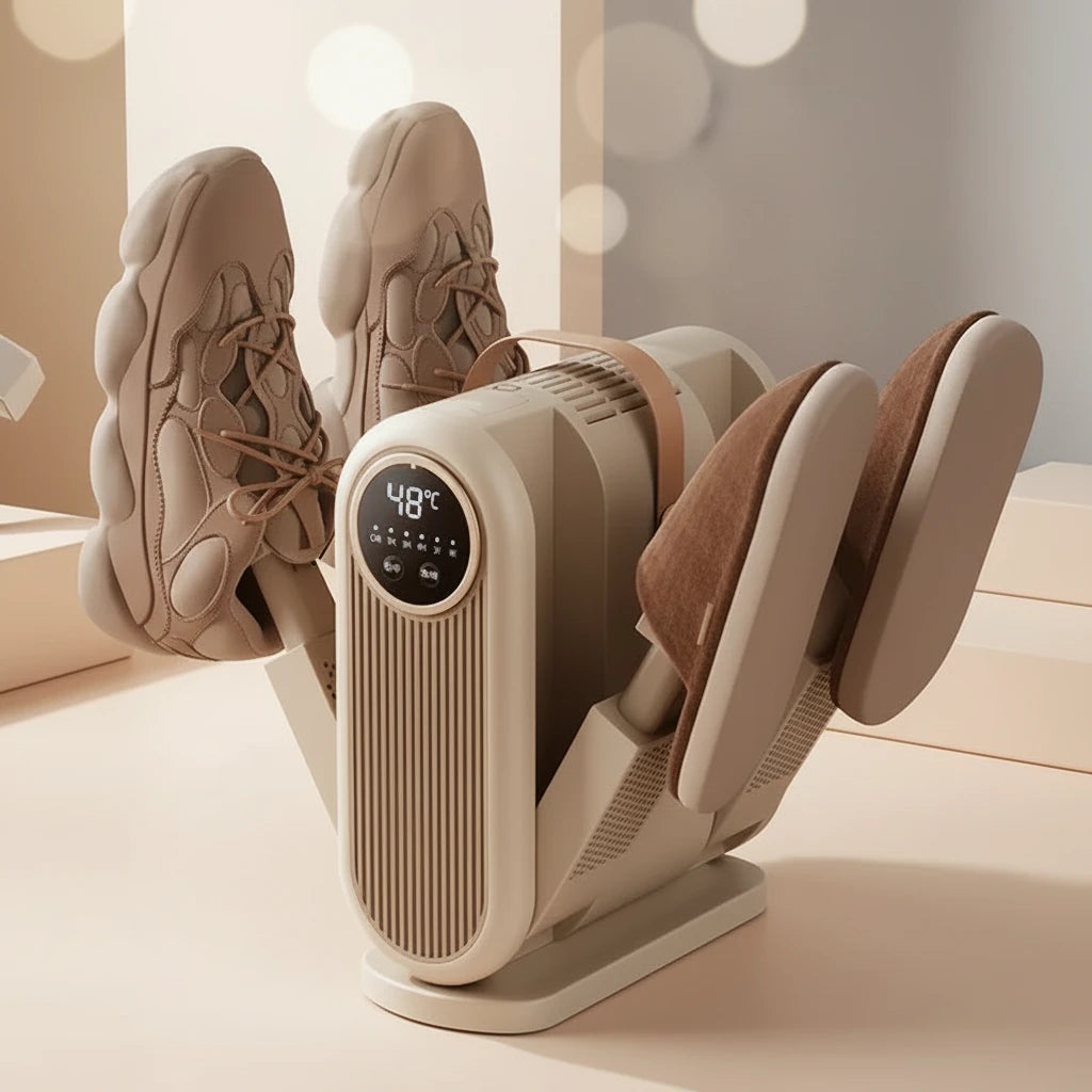 Shoe dryer with a digital display on a light background