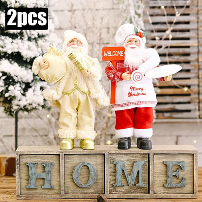 Two Christmas-themed figurines on wooden blocks with 'HOME' letters, decorative background.
