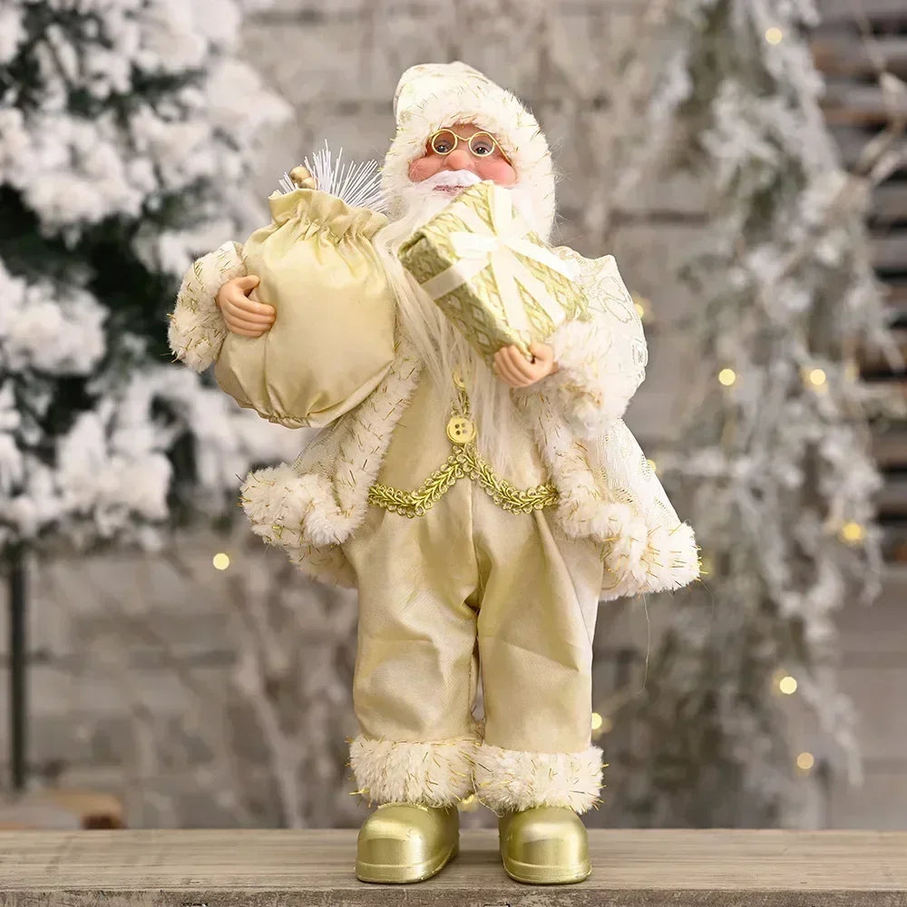 Decorative figure of a Santa Claus holding gifts against a festive background