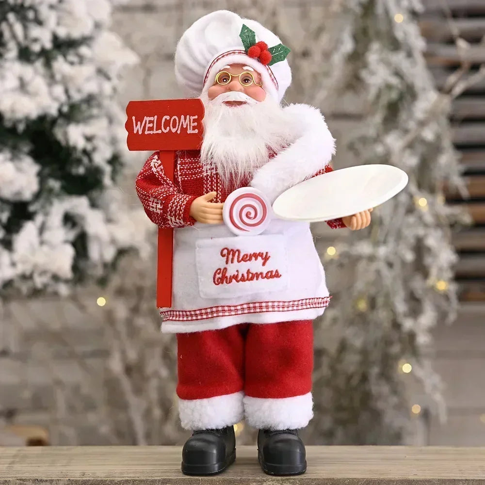 Decorative Santa Claus figure holding a 'Welcome' sign and candy cane in a festive setting.