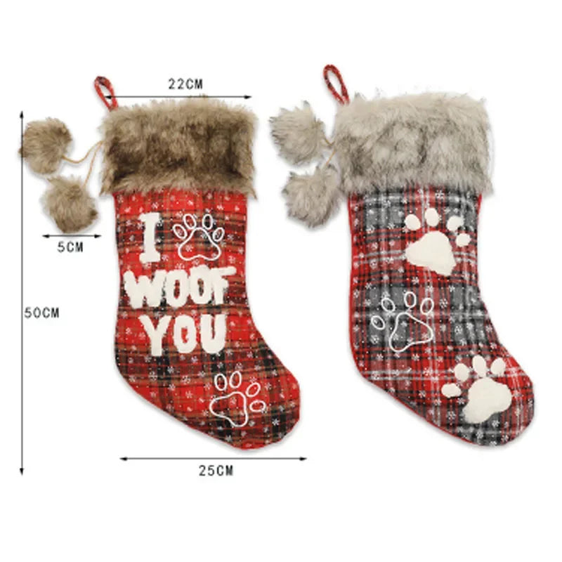 Two dog-themed stockings with measurements on a white background