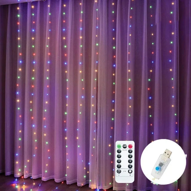 Decorative LED curtain with colorful lights and remote control on a purple curtain background