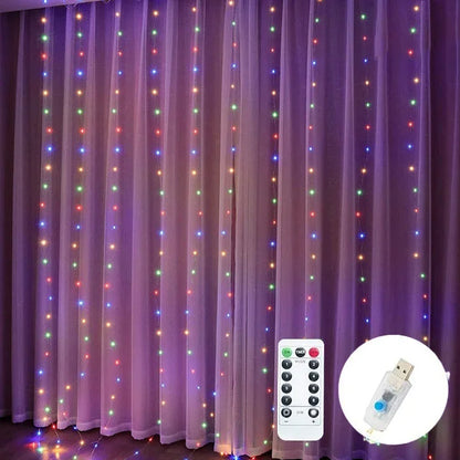 Decorative LED curtain with colorful lights and remote control on a purple curtain background