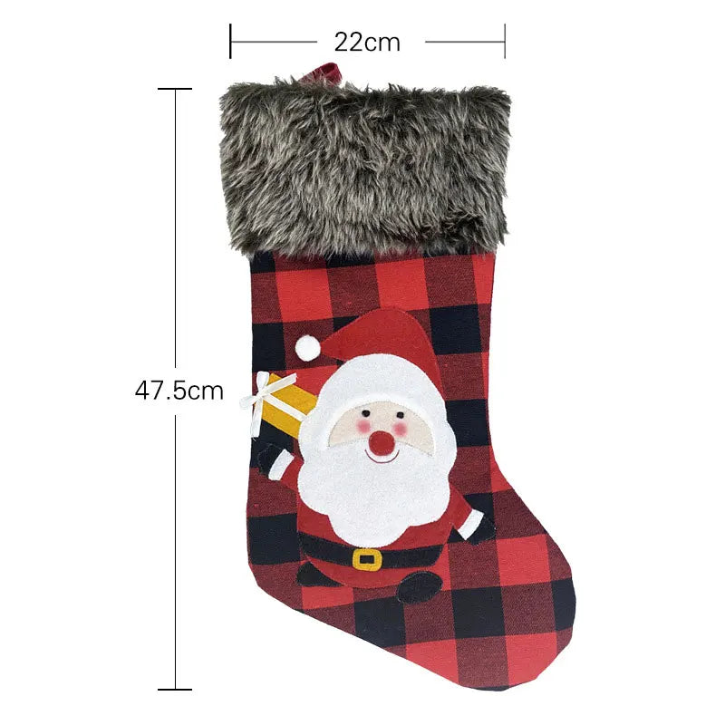 Christmas stocking with Santa Claus design and gray fur trim, shown with measurements.