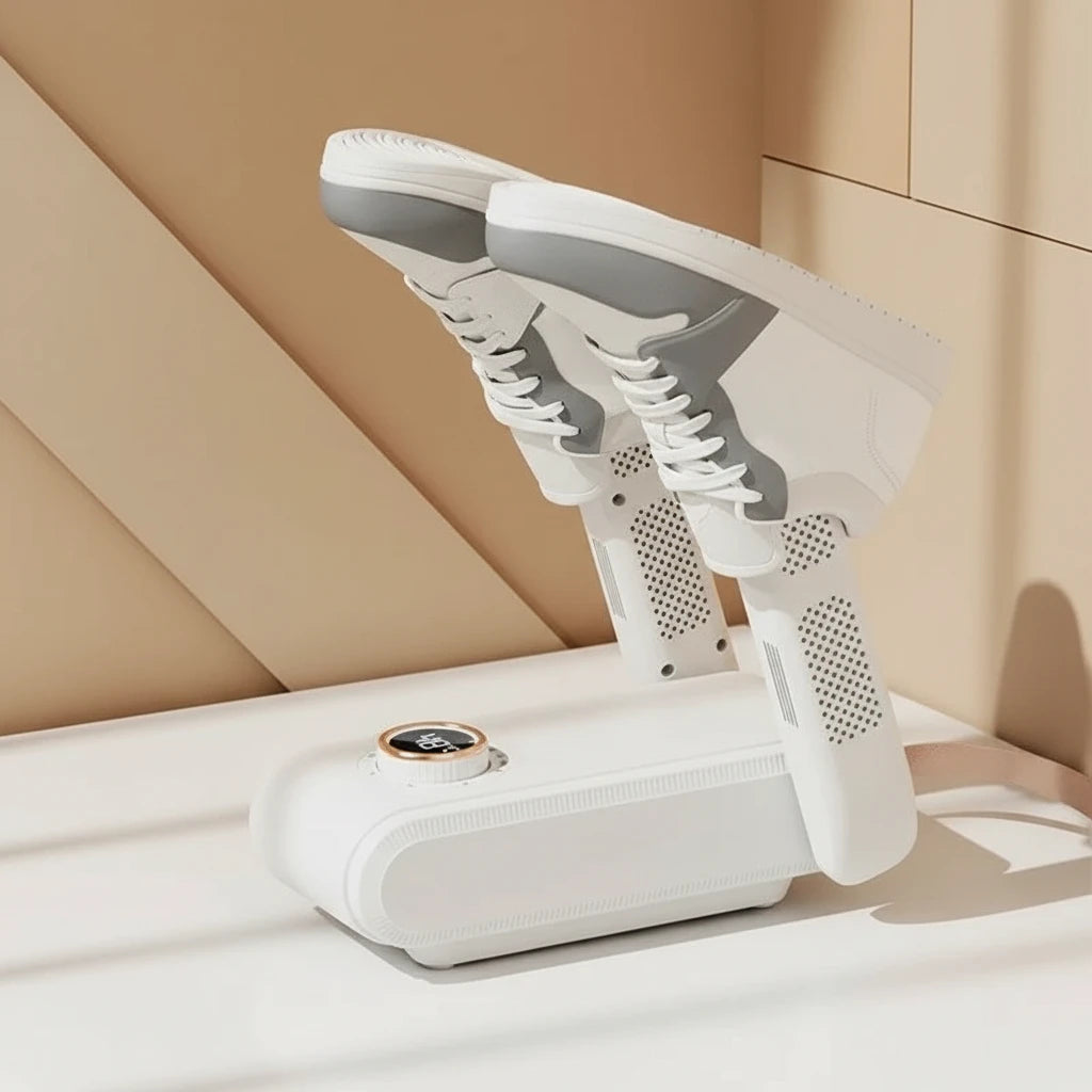 White shoe dryer with a beige background