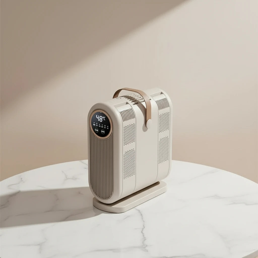 Beige electric heater with digital display on a surface with shoes around it