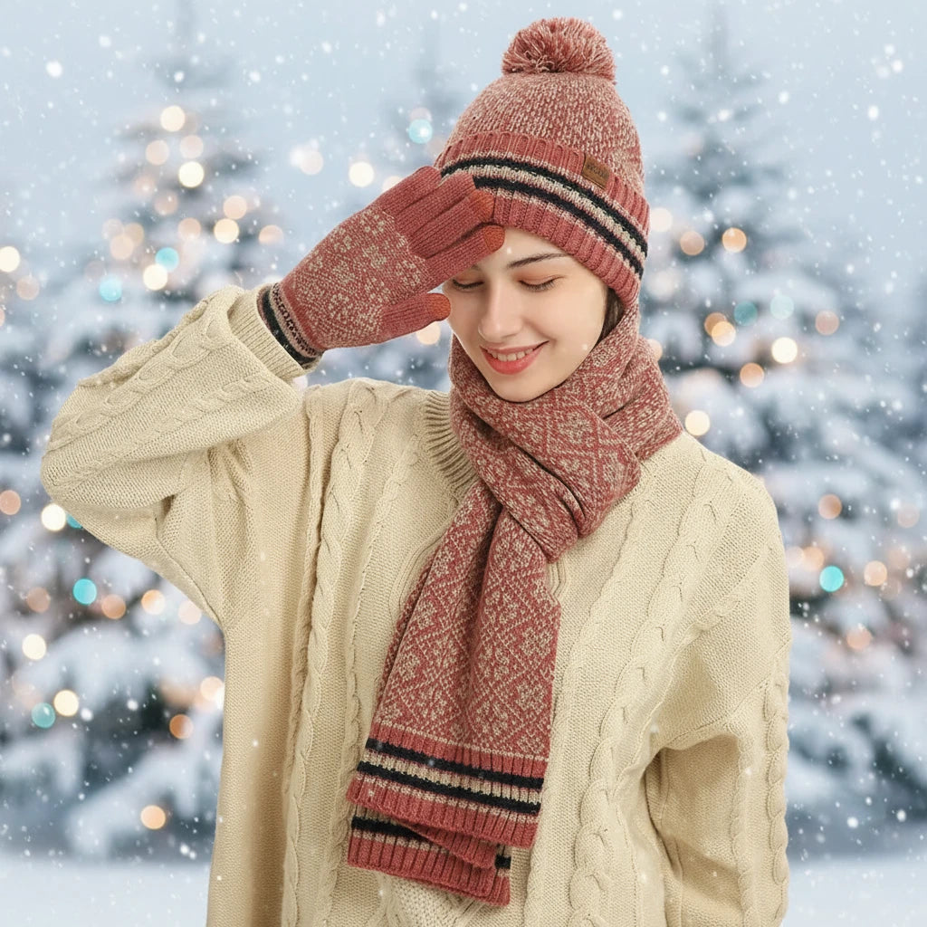 Person wearing a patterned hat, scarf, and gloves on a white background