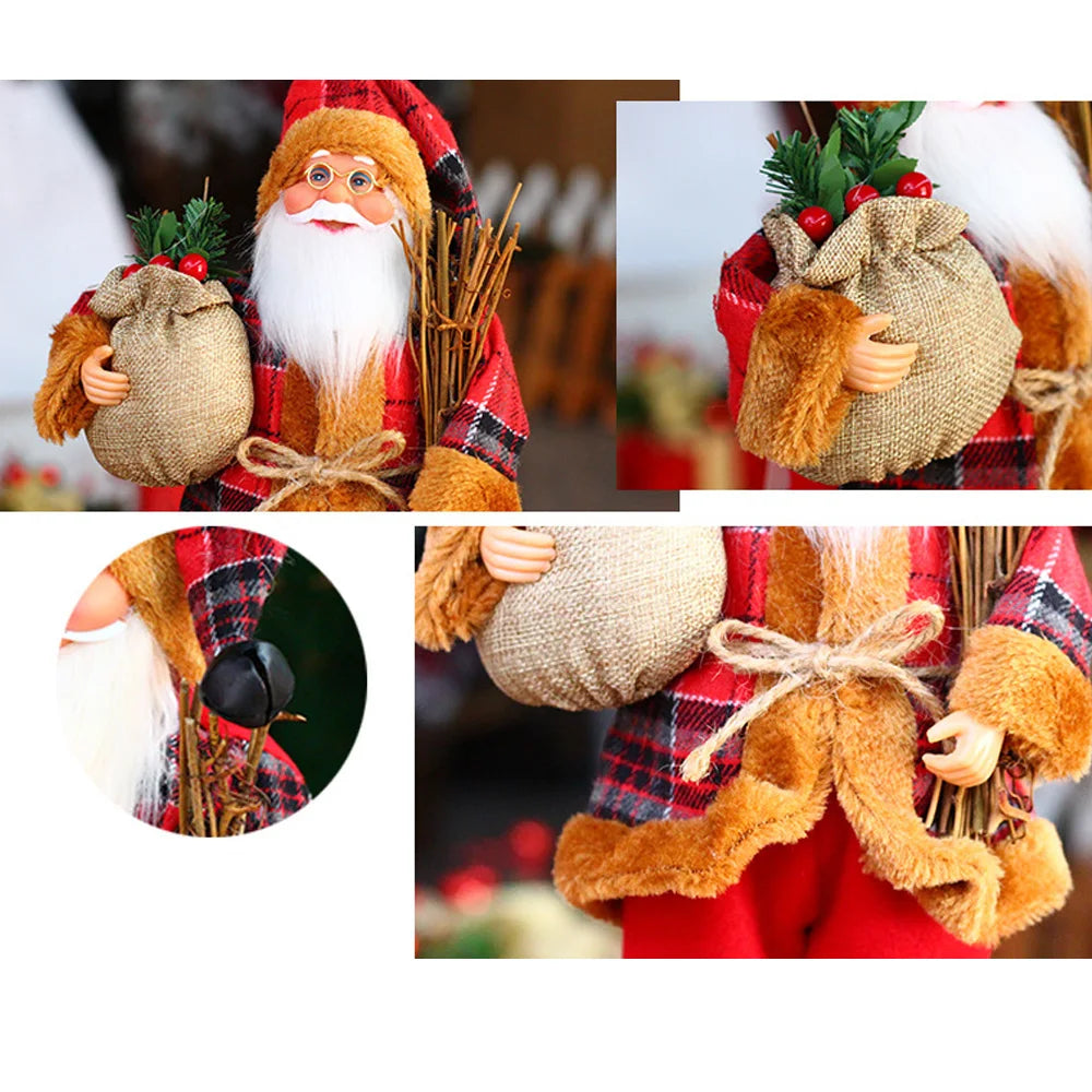 Collage of a festive gnome figure with plaid shirt, red pants, and holding a bag.