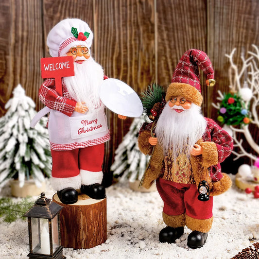 Two Christmas-themed figurines on a snowy ground with a wooden background.