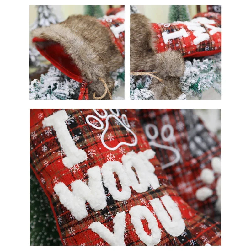 Christmas-themed dog sweater with plaid pattern and 'I Woof You' text.
