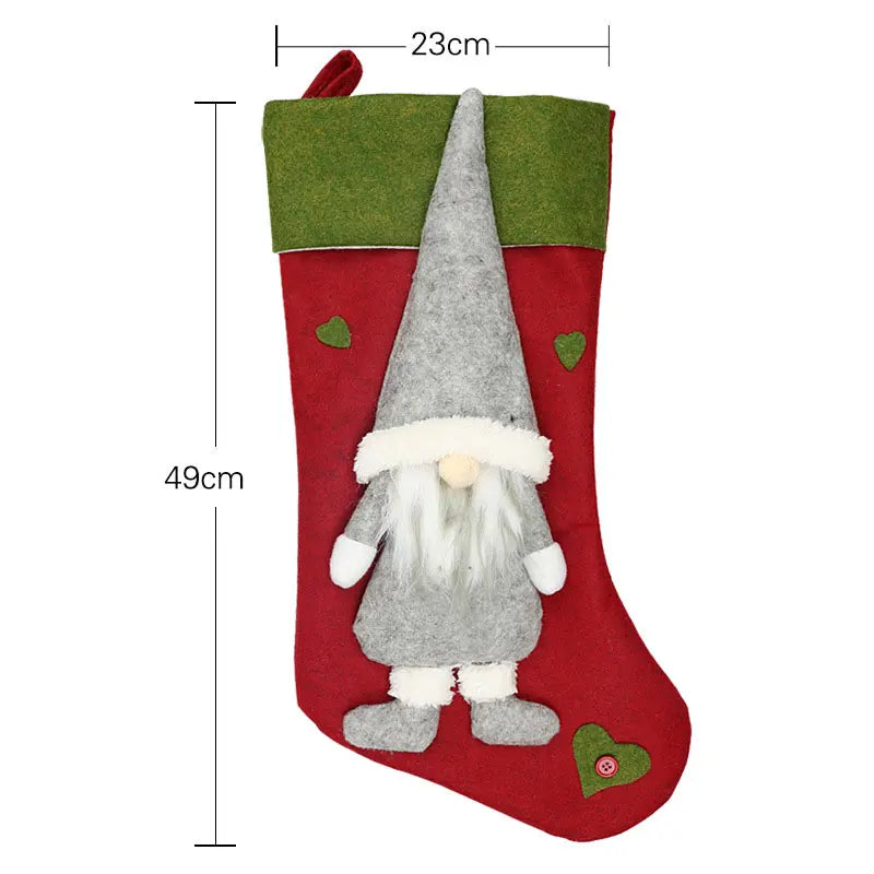 Red Christmas stocking with a gnome figure, green top, and measurements indicated.