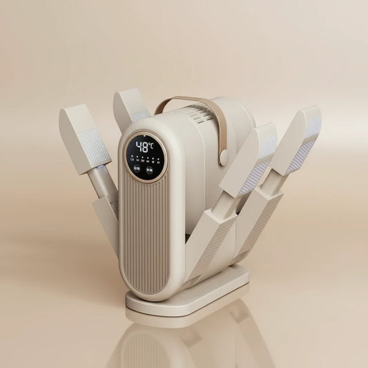 White kitchen appliance with digital display on a beige background