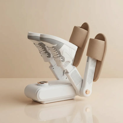 Multifunctional shoe dryer with shoe on a wooden floor, featuring UV sterilization and digital display.